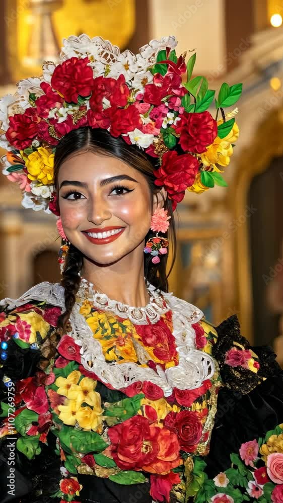 Beautiful woman in traditional attire with floral headdress smiles at a cultural celebration in a vibrant setting Beautiful woman in traditional attire with floral headdress smiles at a cultural celebration in a vibrant setting