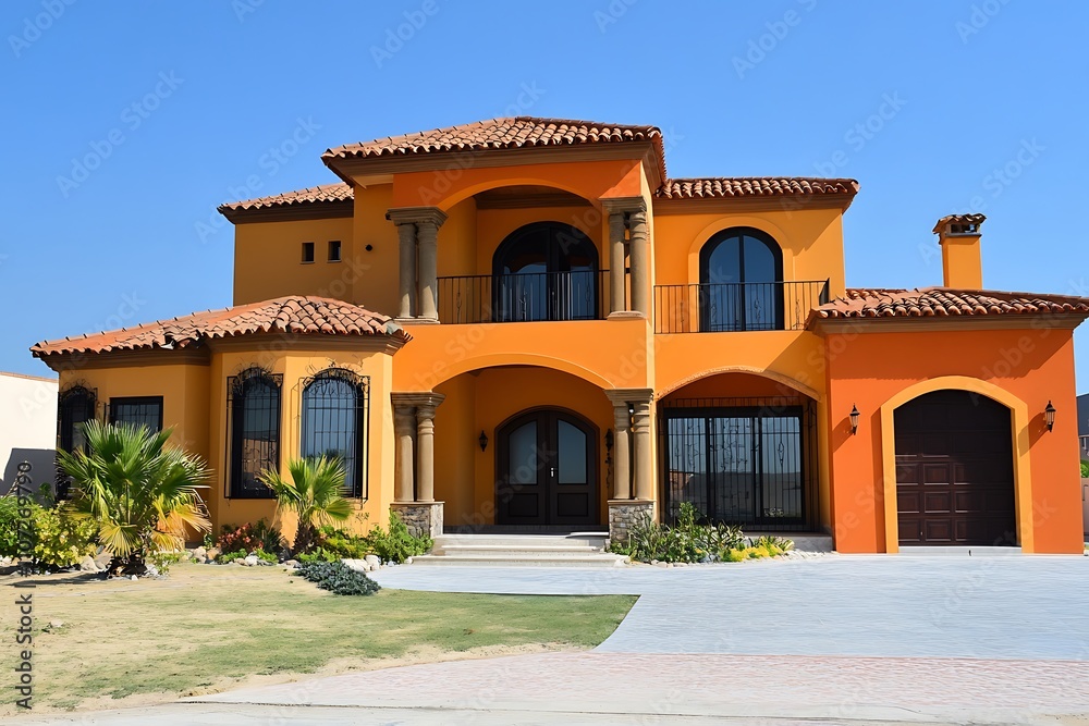 Newly built residential home for sale, set against a clear blue sky Newly built residential home for sale, set against a clear blue sky