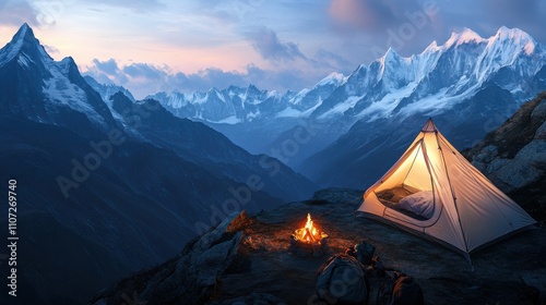 A tourist tent next to a fire at the top of the mountain.