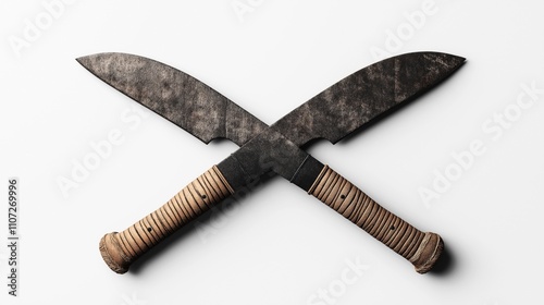 Two crossed machetes with textured blades and wrapped handles placed on a plain white background. photo