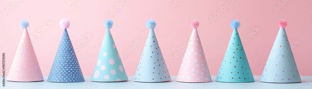 Playful Pastel Party Hats with Decorative Patterns in Festive Arrangement Playful Pastel Party Hats with Decorative Patterns in Festive Arrangement