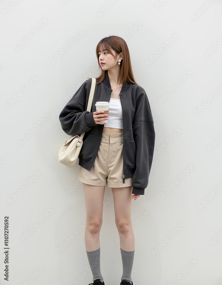 Young Woman in Grey jacket with Coffee Cup Against Light Grey Background Young Woman in Grey jacket with Coffee Cup Against Light Grey Background