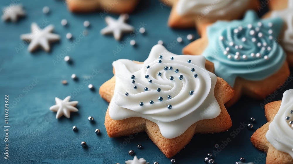 Whimsical of Frosted Cookies with Stars on a Blue Background Whimsical of Frosted Cookies with Stars on a Blue Background