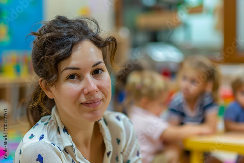 Wallpaper Mural Generative AI Teacher Smiling in Kindergarten Classroom with Children Torontodigital.ca