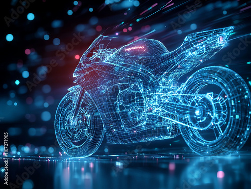 Futuristic motorcycle concept with transparent panels and digital elements, showcasing innovation and speed. glowing blue lines create dynamic and high tech appearance photo