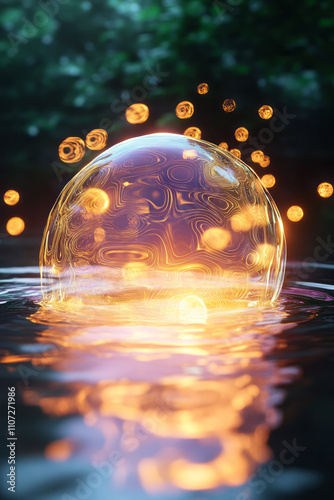 a sphere floating in the water with a lot of lights in the background photo