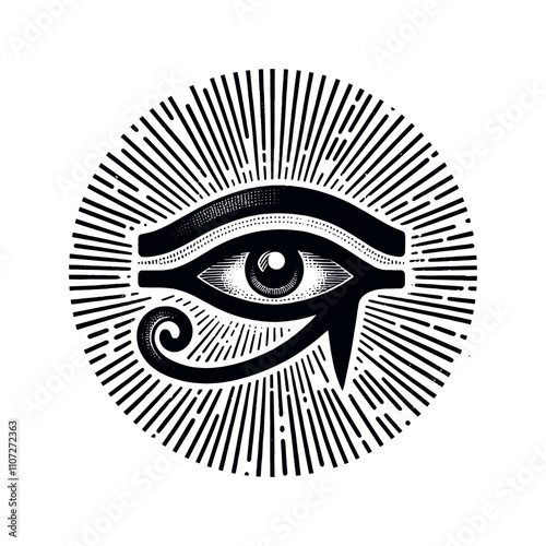 Eye of Horus with rays. Vintage black engraving illustration. Black vector icon, logo, print, tattoo sketch.  Isolated and cut out	