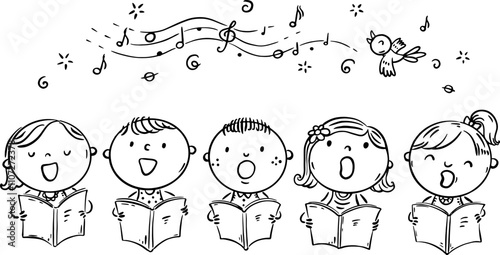 Cartoon young singers. Kids group performance. Set of isolated characters. Vocalists sing song. Choristers concert. Children choir singing. Black and white vector illustration
