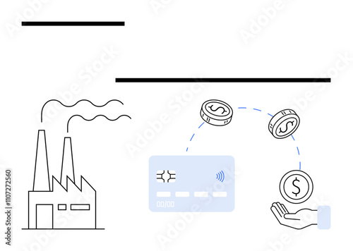 Factory emitting smoke, credit card transferring coins to an outstretched hand. Ideal for fintech, manufacturing, industrial payments, transaction processes, business finance, e-commerce, digital