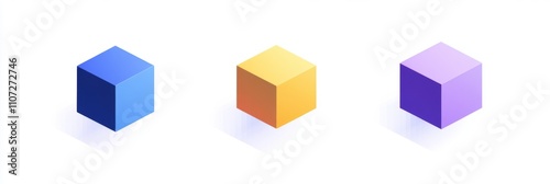 Isometric Cube Elements in Blue, Purple, and Yellow on White Background, Minimalist 3D Rendering with Bright Colors photo