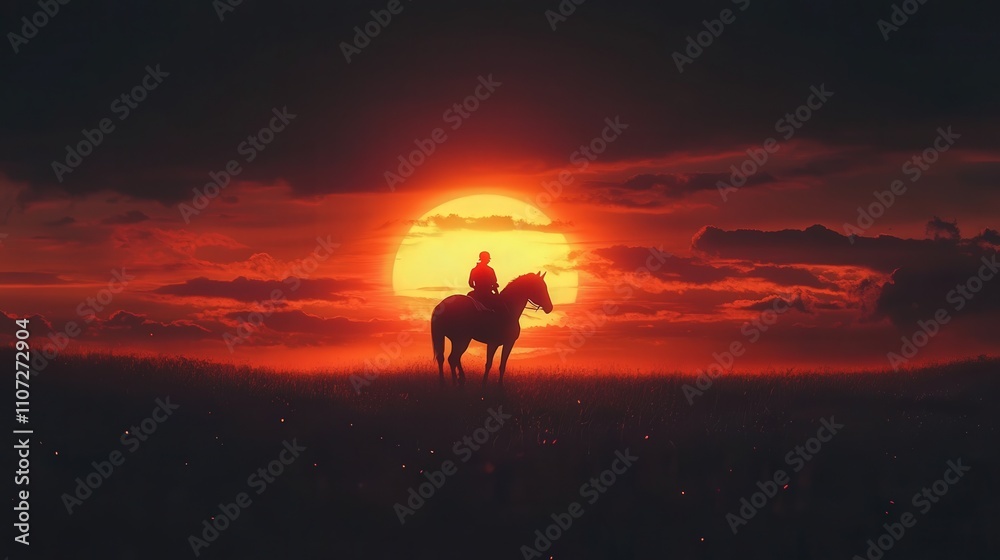 horse and rider silhouetted in front of a radiant sunset. The glowing horizon and their poised forms create an unforgettable scene horse and rider silhouetted in front of a radiant sunset. The glowing horizon and their poised forms create an unforgettable scene