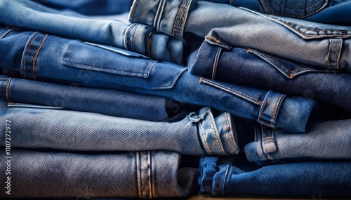 A pile of crumpled blue denim jeans in various shades and textures photo