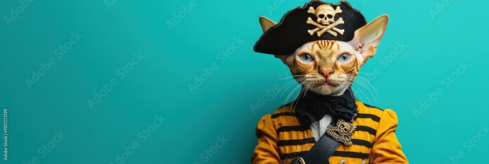 A cat dressed as a pirate in a colorful outfit against a bright background. A cat dressed as a pirate in a colorful outfit against a bright background.