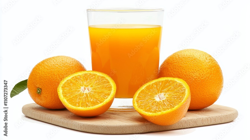 Freshly Squeezed Orange Juice in Glass with Orange Slices on Wooden Table Freshly Squeezed Orange Juice in Glass with Orange Slices on Wooden Table