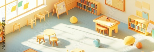 A bright, playful classroom with colorful furniture and soft shapes for learning activities.