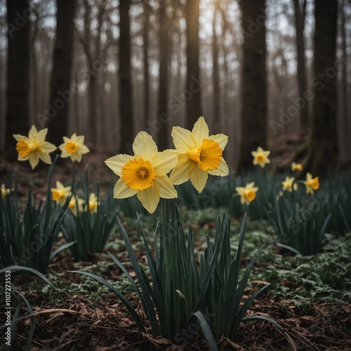 A classic daffodil with a soft focus forest background.