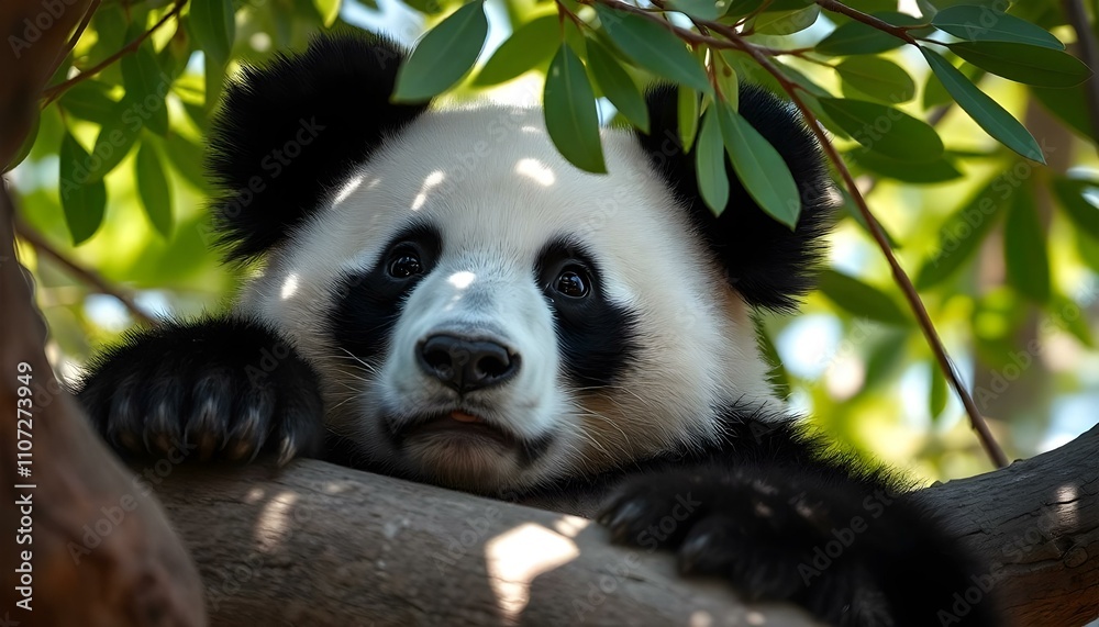 Obraz premium A giant panda resting on a tree branch, showcasing its fluffy black eyes and ears