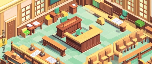 A stylized courtroom scene featuring furniture and seating arrangements for legal proceedings.