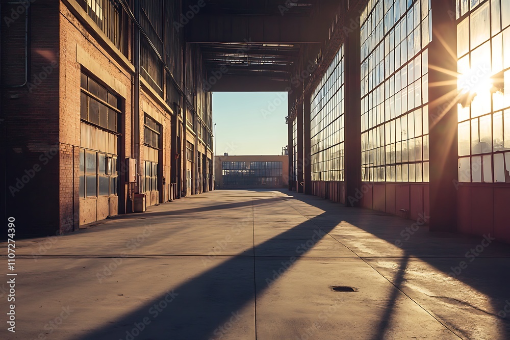 Industrial warehouse exterior with a wide-angle view and clear skies Industrial warehouse exterior with a wide-angle view and clear skies