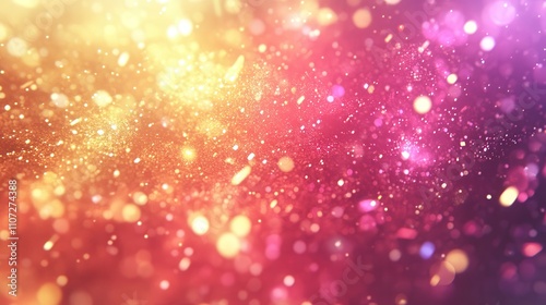 Abstract blurred bokeh background with shimmering golden and pink sparkles.