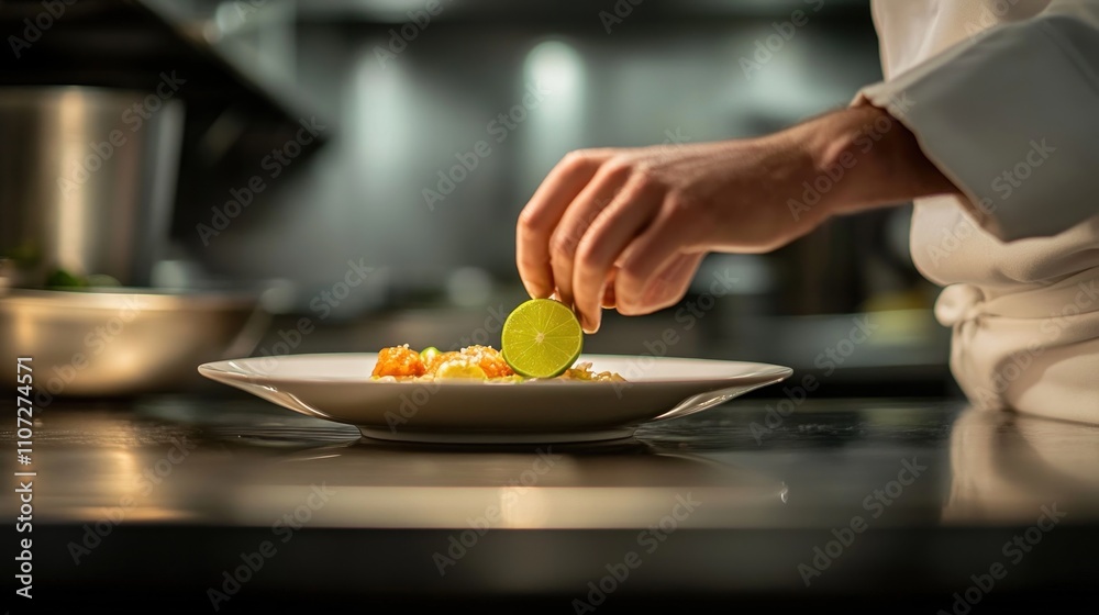 A chef garnishing a dish with a lime slice in a professional kitchen setting. A chef garnishing a dish with a lime slice in a professional kitchen setting.
