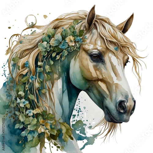 Watercolor illustration portrait of an adorable farm horse head looking with flowers on isolated white background.
 photo