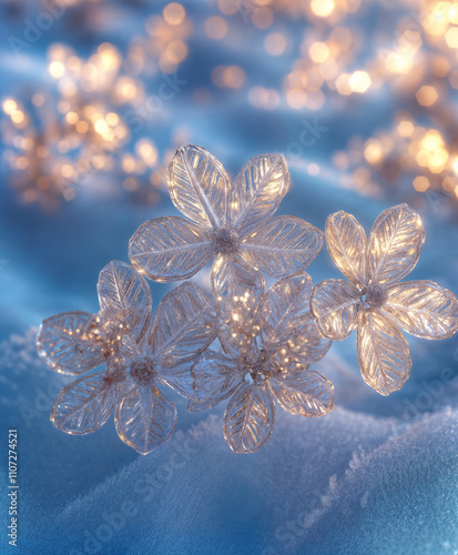 Snowflakes like shining glass flowers on a winter field photo