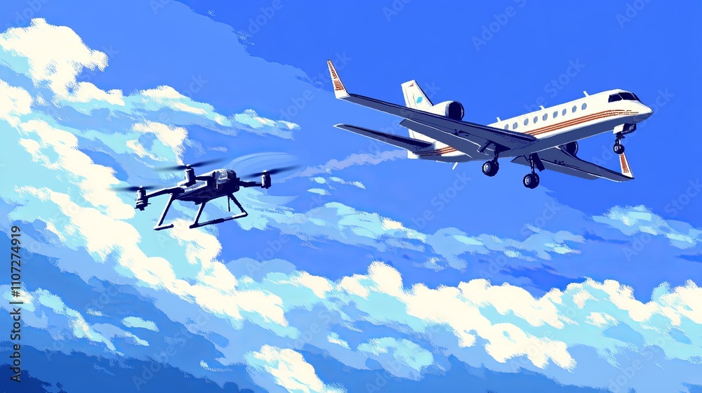 Drone and Private Jet in a Vivid Sky, A Breathtaking Digital Artwork of Modern Technology and Aviation in the Sky Drone and Private Jet in a Vivid Sky, A Breathtaking Digital Artwork of Modern Technology and Aviation in the Sky