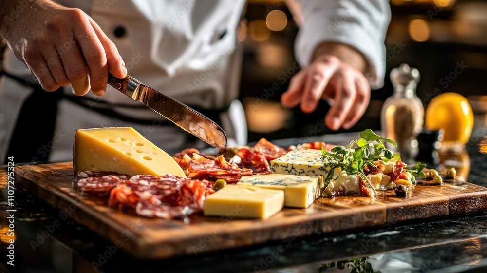 A chef preparing a charcuterie board with various cheeses and meats. A chef preparing a charcuterie board with various cheeses and meats.