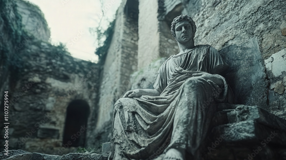 A crumbling Roman figure resting against ancient ruins, the subtle play of light and shadow highlighting its timeless beauty A crumbling Roman figure resting against ancient ruins, the subtle play of light and shadow highlighting its timeless beauty