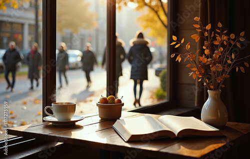 Autumn café scene, with a wooden table near a large window overlooking a busy street