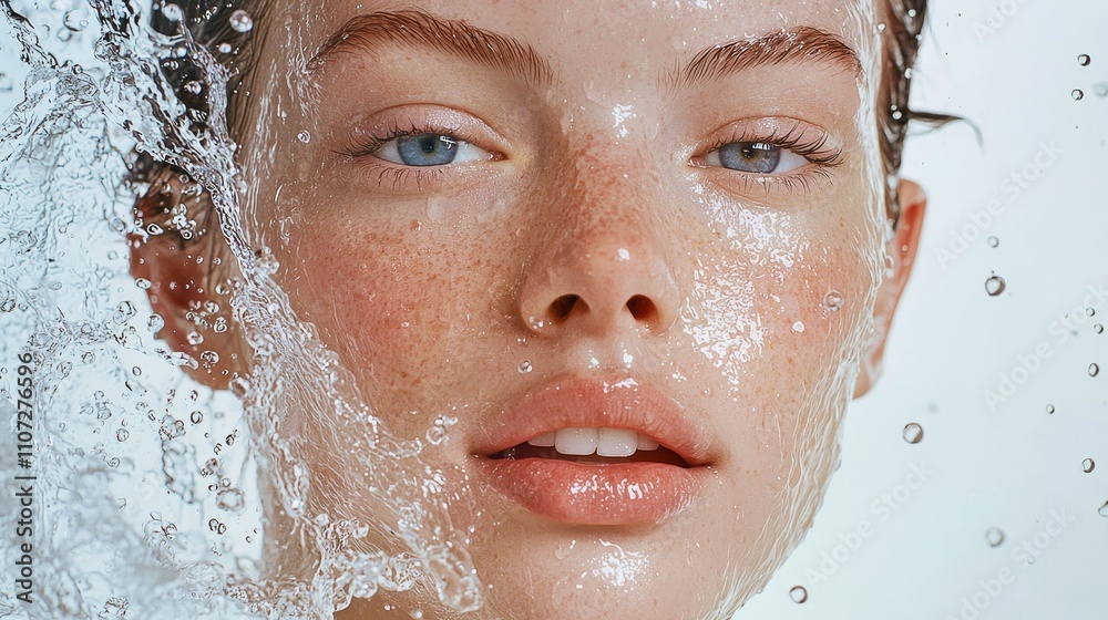 Serene Portrait of a Fresh Faced Model Soaked in Water with Glistening Droplets Serene Portrait of a Fresh Faced Model Soaked in Water with Glistening Droplets