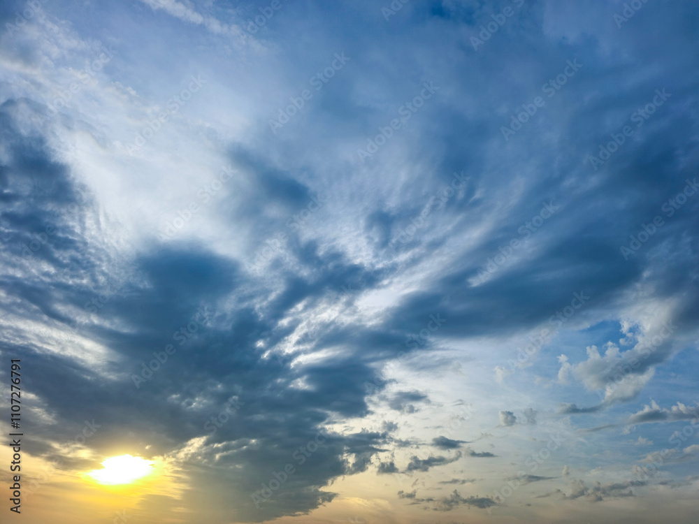 Obraz premium Summer evening or winter evening blue sky cloud gradient light white background. Gloomy vivid cyan. Morning sky looked like a bright golden sky. Sunrise is decorated with clouds in various shapes.