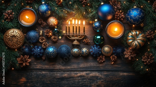 Festive Hanukkah menorah with candles, ornaments, pine, and candles on wood. photo