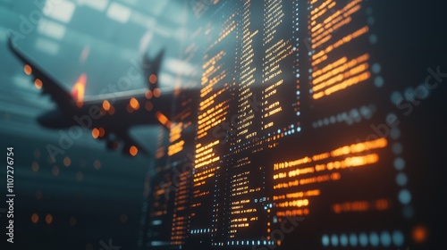 A blurred airplane silhouette with digital data overlay, suggesting aviation technology.