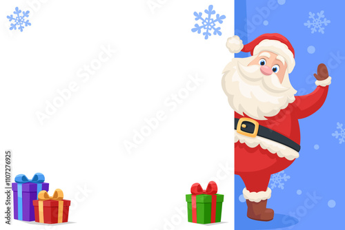 Santa Claus peeks out from behind a white sheet. Space for text. Merry Christmas