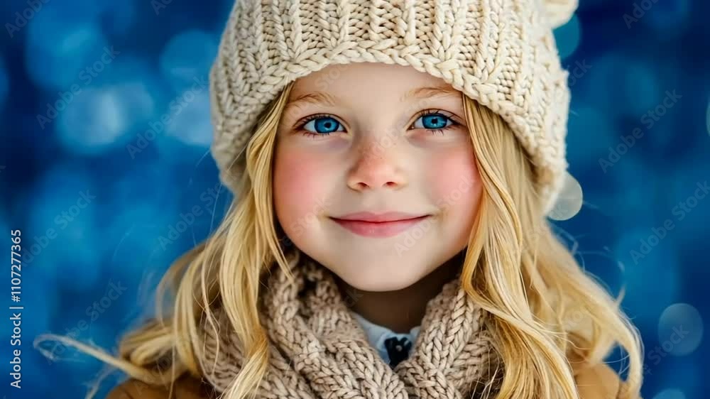 Smiling Caucasian girl in cozy winter attire against a snowy background, ideal for Christmas and winter holidays Smiling Caucasian girl in cozy winter attire against a snowy background, ideal for Christmas and winter holidays