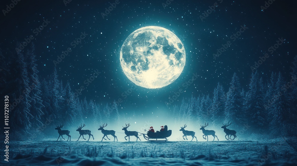 Fototapeta premium Santa Claus flying through a snowy forest at night with reindeer, illuminated by a full moon.