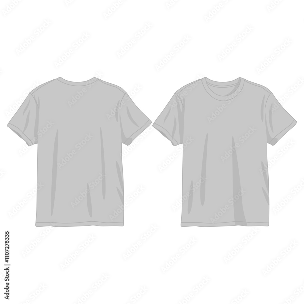 Naklejka premium T-shirt fashion flat drawing template. Unisex t-shirt fashion illustration, relaxed fit, front and back view, grey, women, men, unisex 