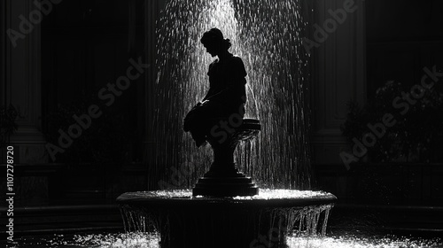 monochrome photo of an angel fountain illuminated by soft lighting, the shadows accentuating its delicate features