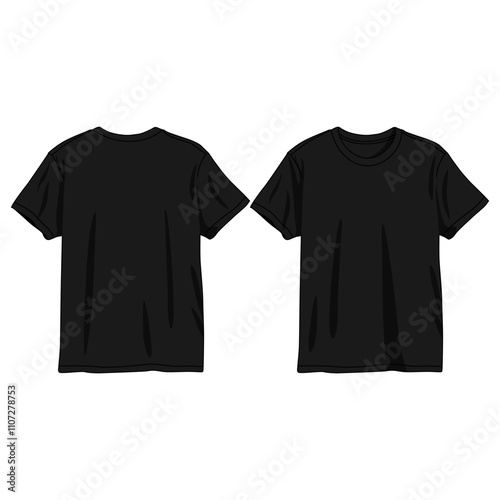 T-shirt fashion flat drawing template. Unisex t-shirt fashion illustration, relaxed fit, front and back view, black, women, men, unisex 