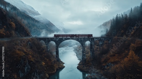 Wallpaper Mural train crossing a high bridge over a river, the mountainous terrain and river below creating a stunning natural backdrop Torontodigital.ca