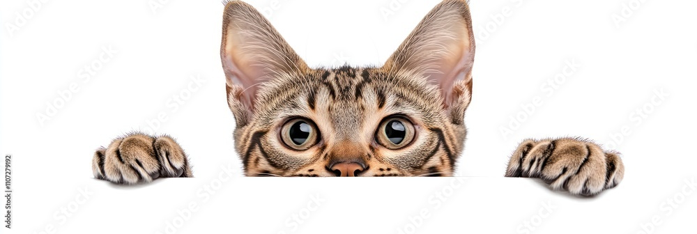 Fototapeta premium A curious cat peeks over a surface with wide eyes and paws visible.