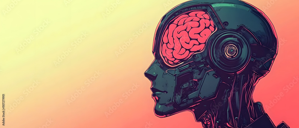 Futuristic Cyborg Head Profile with Visible Brain: AI, Technology, and Humanity Concept Futuristic Cyborg Head Profile with Visible Brain: AI, Technology, and Humanity Concept