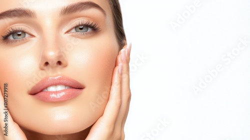 Young Woman with Perfect Skin, Natural Makeup on White Background