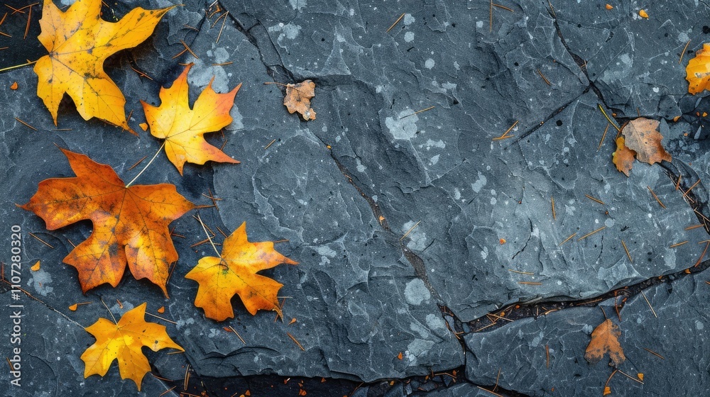 Autumn-themed background with yellow leaves on stone surface for Thanksgiving. Autumn-themed background with yellow leaves on stone surface for Thanksgiving.