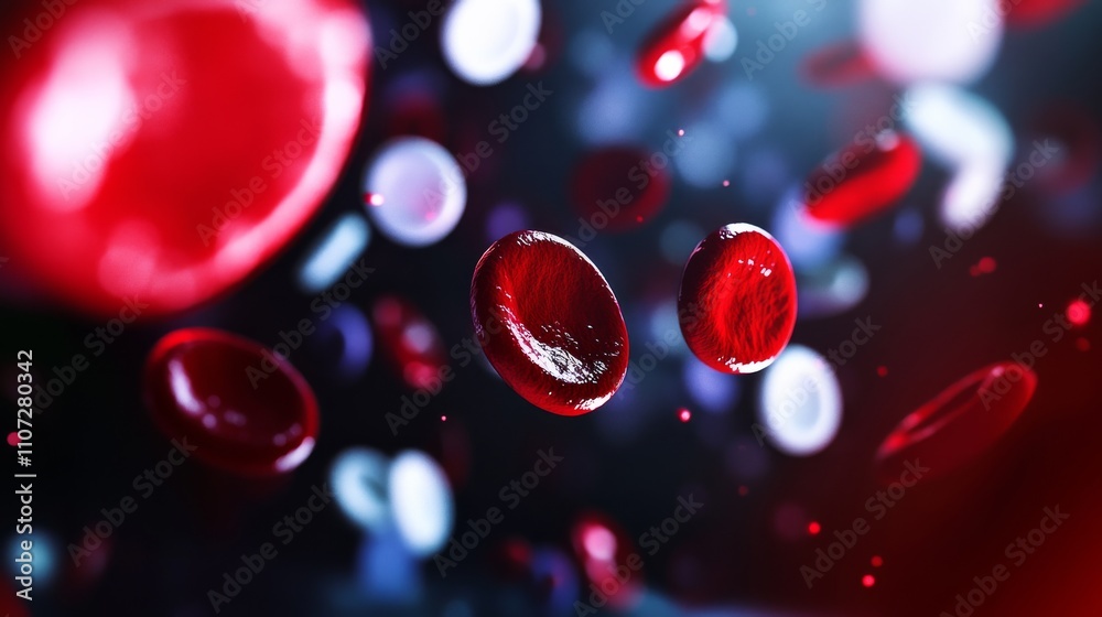 An abstract visualization of human blood cells with colorful, flowing representations of red and white blood cells, set against a dark An abstract visualization of human blood cells with colorful, flowing representations of red and white blood cells, set against a dark