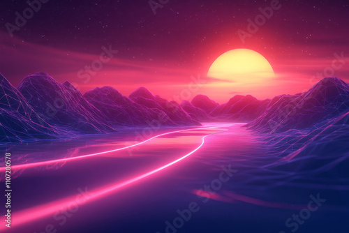 a sunset scene with mountains and a road