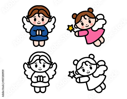 Christmas baby angel. Simple and uncomplicated icons, characters, clipart with bold  black lines. Vector.