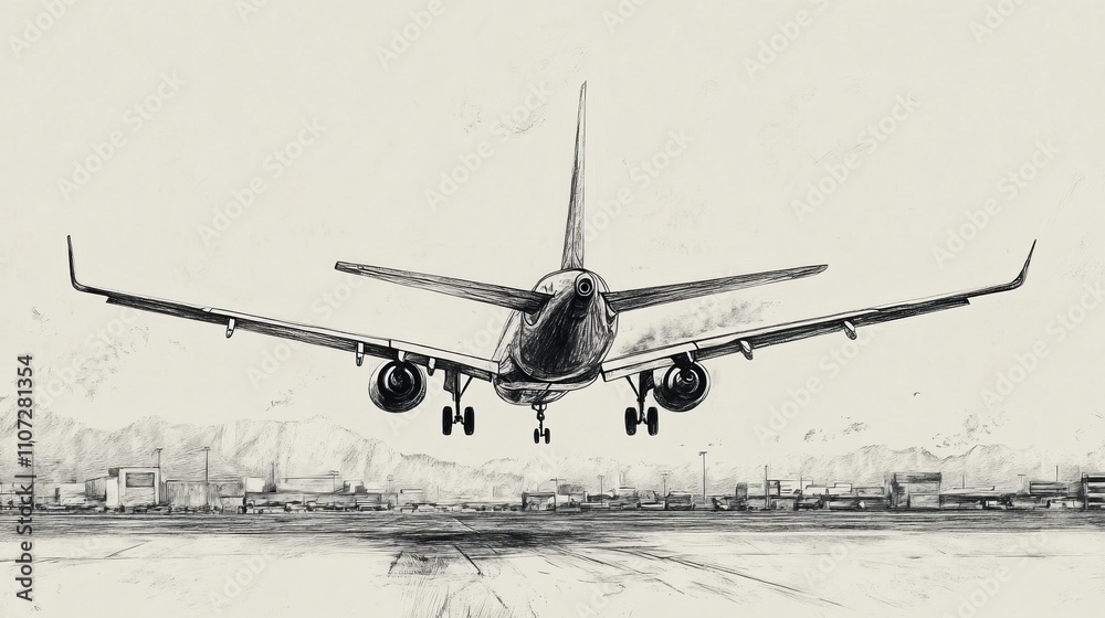 A Majestic Airplane Landing: A Detailed Sketch of an Aircraft Touching Down at the Airport A Majestic Airplane Landing: A Detailed Sketch of an Aircraft Touching Down at the Airport